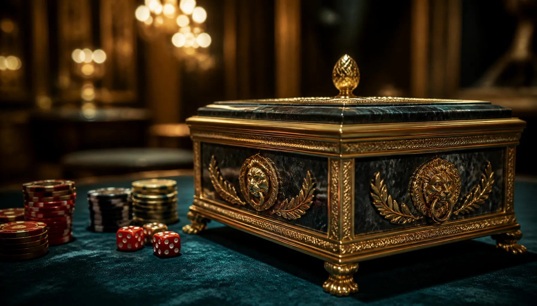 Close-up of gleaming ancient gold coins scattered on polished white marble with dramatic warm cinematic lighting